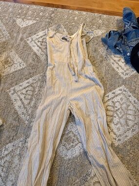Japna Beige and White Striped Sleeveless Jumpsuit